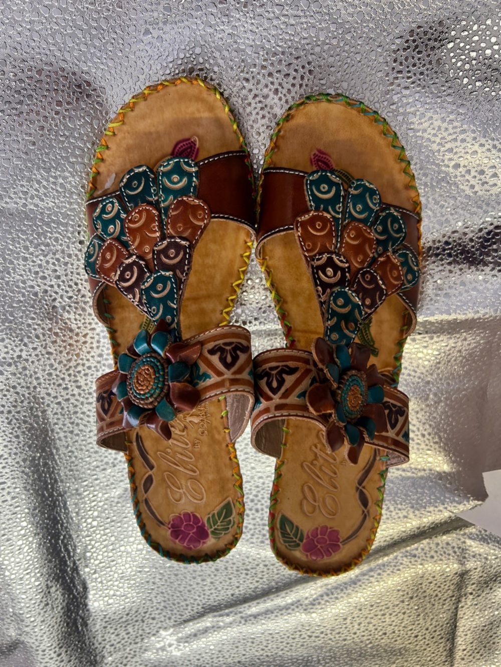 Elite By Corkys Navajo Leather Heeled Sandals Size 10 Boho Floral Artsy